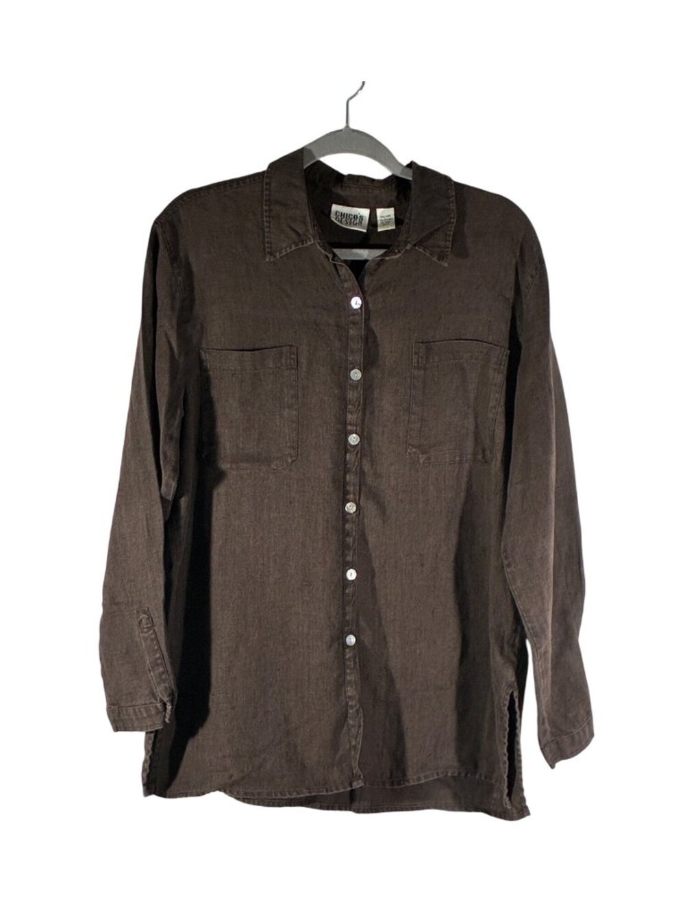 Chicos raw linen nubby textured chocolate brown button up shirt size 2 US L